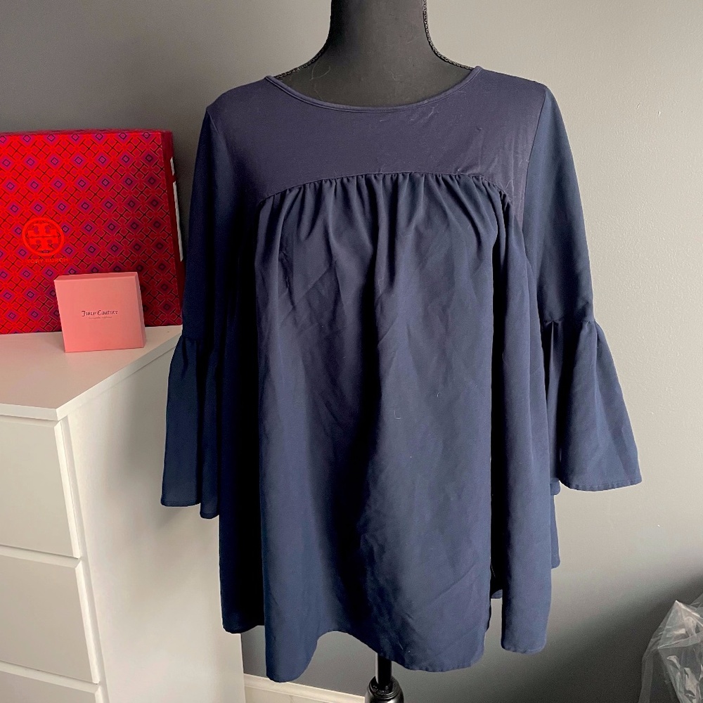 FRENCH CONNECTION NAVY SATIN BABYDOLL BLOUSE